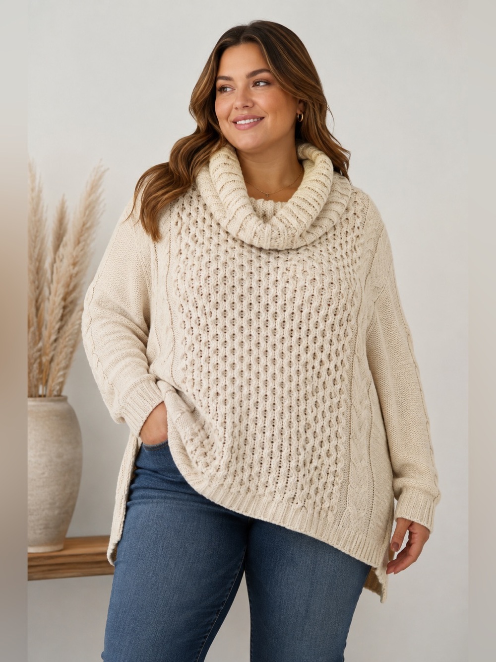 89th & Madison Cream Chunky Knit Cowl Neck Sweater Cable Knit Plus 1X